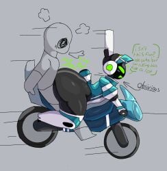 anthro armor ass big_butt dialogue driving duo english_text female grey_background headgear heart_symbol helmet hi_res huge_butt humanoid humanoid_on_anthro jurynav lagomorph leporid long_ears machine male male/female mammal motion_lines motorcycle oblivious project_turboblast rabbit riding_motorcycle robot screen_face sex simple_background tempo_(project_turboblast) text vehicle