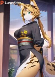 1girls afternoon ai_generated big_ass big_breasts big_butt big_thighs black_kimono blonde_female blonde_hair cat_ears cat_girl cat_tail catgirl exposed_legs female female_focus female_only green_eyes hoyoverse kimono long_hair lunealter mature_female mihoyo pulchra_fellini serious_look sfw thick_ass thick_butt thick_legs thick_thighs zenless_zone_zero