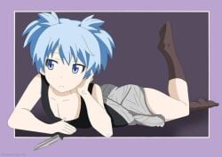 1boy 1femboy ass assassination_classroom black_socks blue_eyes blue_hair femboy floor knife male medium_ass on_floor pectorals shiota_nagisa skirt socks