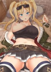 1girls ass ass_visible_through_thighs bare_shoulders belt black_panties black_shirt black_skirt blonde_hair blue_eyes blush boots braid breasts camisole crop_top eyewear_on_head frown fur-trimmed_jacket fur_trim grabbing_another's_arm granblue_fantasy green_jacket hair_intakes held_down holding_another's_wrist jacket large_breasts long_hair long_sleeves looking_at_viewer lying midriff miniskirt navel nipples no_bra on_back one_breast_out open_clothes open_jacket open_mouth panties parted_bangs pleated_skirt pov restrained sack shirt skirt solo_focus spaghetti_strap sunglasses sweatdrop thigh_boots thighhighs thighhighs_under_boots twintails_with_braided_base underwear upskirt yasojima_nejiro zeta_(granblue_fantasy)
