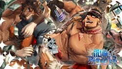 5boys abs another_eidos_of_dragon_vein_r anthro bara beard beefy belt biceps big_areola black_nails blonde_hair blue_eyes blush breasts broad_shoulders brown_body brown_eyes brown_hair bulge bulge_through_clothing cap collarbone dark_skin dollar_bills dust_particles falling_money fur furry gambling gay headwear hi_res high-angle_view horse horse_humanoid human hunk interspecies laugh legs_apart logo looking_at_viewer male male_only manly mature_male money moobs muscles muscular muscular_arms muscular_male muscular_neck naughty_face neckerchief nullqllun pecs red_eyes scar scar_across_eye scar_on_chest scar_on_stomach shadow_over_eyes short_hair sideburns sitting six_pack smile sparkles steam steamy_breath surrounded ticket tongue_out topless tough_guy veiny_arms yaoi
