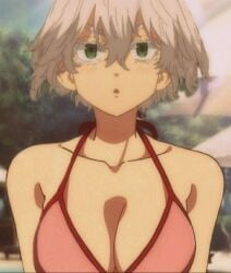 1girls bare_shoulders big_breasts bra breasts edit edited editor_request female female_only green_eyes light-skinned_female light_skin low_res low_resolution lowres medium_hair not_my_art pink_bra senju_kawaragi solo source_request thick_eyebrows thick_eyelashes tokyo_revengers unknown_editor upper_body white_eyebrows white_eyelashes white_hair