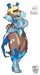 antlers big_breasts blonde_hair blue_horn carol_holiday cosplay deer deltarune emma_frost_(cosplay) hand_on_cheek high_heels holding_breast marvel marvel_comics marvel_rivals staring thick_thighs trifecta_(artist) undertale_(series) x-men