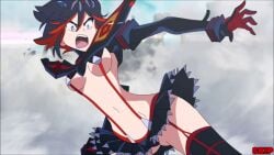 1girls belly belly_button blue_hair blue_hair_female breasts female female_only gloves kill_la_kill matoi_ryuuko miniskirt panties red_dye revealing_clothes senketsu short_hair skimpy_clothes small_bra stockings tagme tomboy zone