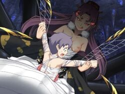arachne bondage drider game_cg glowing_eyes holding_another's_wrist instant_loss jingai_modoki licking_lips luka_(mon-musu_quest!) monster_girl monster_girl_quest spider spider_girl spider_princess spider_web unbirthing vore webbing