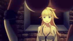 2girls animated blonde_hair blue_eyes blurry blurry_foreground bouncing_breasts breasts cleavage collarbone dark-skinned_female dark_skin granart_needakitta hanging_breasts jiggle kekkon_yubiwa_monogatari krystal_novaty_nokanatika large_breasts long_hair multiple_girls underboob view_between_breasts