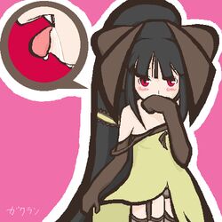 artist_request cosplay costume fangs humanized_pokemon lowres mawile moemon nintendo personification pokemon pokemon_(species) red_eyes saliva solo strap_slip