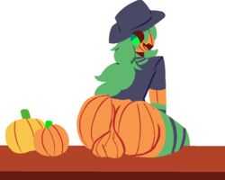 5:4 ass backsack balls big_butt black_sclera bottomless clothed clothing dakuterooty food fruit genitals girly green_hair hair humanoid legwear looking_back male partially_clothed plant plant_humanoid presenting presenting_hindquarters pumpkin pumpkin_head shirt sitting solo thigh_highs topwear