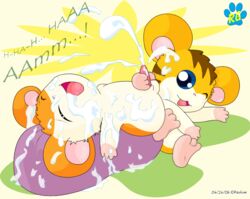 2006 blue_eyes cum dialogue hamtaro hamtaro_(series) handjob male/ambiguous masturbation raukue stan_(hamtaro) tagme text