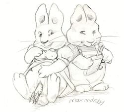 1boy 1girls anthro breasts duo female furry male max_(max_and_ruby) max_and_ruby monochrome penetration pussy rabbit ruby_(max_and_ruby) smile spread_legs vaginal_insertion vaginal_penetration what whiskers white_background