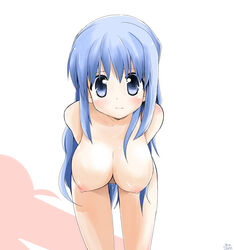 arms_behind arms_behind_back blue_eyes blue_hair blush breasts dama hanging_breasts huge_breasts leaning_forward long_hair nude pangya