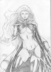 1girls 2008 artist_signature big_breasts breasts cape cocked_hip contrapposto cowboy_shot dark_cape female female_only front_view goblin_queen_(x-men) greyscale human human_only light-skinned_female light_hair light_skin loincloth madelyne_pryor magic marvel monochrome pussy pussy_peek solo standing straight_hair tagme underboob very_long_hair white_background x-men