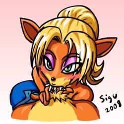 2000s_and_2010s_style 2008 anthro bandicoot bedroom_eyes blush brother_and_sister coco_bandicoot color crash_(series) crash_bandicoot crash_bandicoot_(series) crash_mind_over_mutant fellatio female fur furry incest male mammal marsupial oral penis pov pubic_hair sigu straight straight_hair