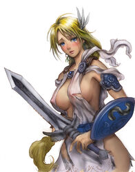 armor armored_dress blonde_hair blue_eyes blush braid breasts cleavage clothes female female_only human large_breasts long_hair milf namco neongun nipple_slip nipples see-through shield solo sophitia_alexandra soul_calibur soul_calibur_iv sword tear torn_clothes weapon white_background