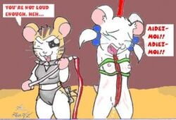 anthro artist_request bijou bondage breasts caught dialogue hamster hamtaro_(series) nipples pussy sandy_(hamtaro) tagme text tied_up