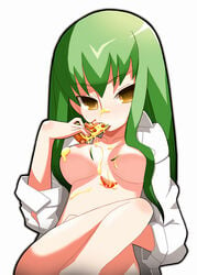 c.c. code_geass dress_shirt food green_hair imaizumi_teruhiko long_hair naked_shirt open_clothes open_shirt pizza pizza_hut shirt sleeves_pushed_up yellow_eyes