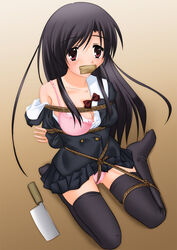 arms_behind_back black_hair bondage bound bra cleaver crotch_rope female frogtie gag gagged kannazuki_okuto katsura_kotonoha kneeling kotonoha kotonoha_katsura lingerie matanawa panties rope school_days tape tape_gag taped_mouth thighhighs tied_up underwear weapon