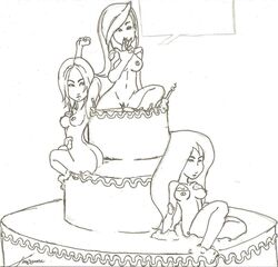 3girls bonnie_rockwaller disney female female_only human kim_possible kimberly_ann_possible medium_breasts monochrome multiple_females nipples shego straight_hair travis_green