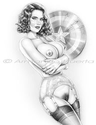 1girls actress agent_carter armando_huerta breasts captain_america:_the_first_avenger celebrity female garter_belt garter_straps hayley_atwell large_breasts marvel monochrome peggy_carter pubic_hair solo tagme thighhighs watermark