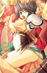 armor artist_request ass blue_eyes breast_grab breasts brown_hair censored double_handjob double_penetration dynasty_warriors dynasty_warriors_5 faceless_male female frills gangbang group_sex handjob human licking male multiple_males no_panties penis saliva sex shin_sangoku_musou straight sweat tongue torn_clothes xing_cai