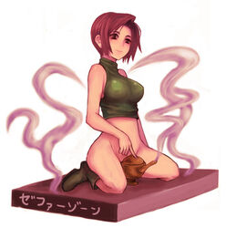 bare_shoulders bottomless female female_only final_fantasy final_fantasy_v kara_(color) monster_girl no_panties red_hair short_hair sitting sleeveless sleeveless_turtleneck solo turtleneck zephyrus