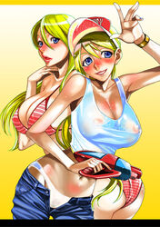 2girls alice_bogard andy_bogard areolae ass bikini bimbo blonde_hair blue_eyes blush breasts canon_genderswap cleavage fatal_fury female_terry genderswap_(mtf) gun jeans king_of_fighters large_breasts long_hair midriff multiple_girls nail_polish ohshima_ryo ooshima_ryou panties pants_pull rule_63 see-through smile snk standing striped striped_bikini striped_swimsuit sweat swimsuit tank_top terry_bogard unbuttoned underwear visor visor_cap water_gun waving weapon wet wet_clothes white_panties