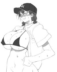 baseball_cap baseball_uniform bikini bottomless breasts cap erect_nipples female fuyube_rion hat huge_breasts maria_momoe momoe_maria monochrome ookiku_furikabutte open_clothes open_shirt screencap shirt solo swimsuit uniform