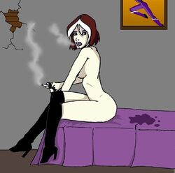 1girls anna_marie bed cigarette doc_army female female_only goth high_heel_boots high_heels marvel marvel_comics punk rogue_(evolution) rogue_(x-men) smoking solo solo_female straight_hair x-men x-men_evolution