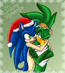 anthro carriepika christmas cute fur gay happy hat hawk hedgehog hug hugging hugging_from_behind interspecies jet_the_hawk male male_only multiple_males santa_hat sonic_(series) sonic_riders sonic_the_hedgehog standing straight_hair tagme wink yaoi