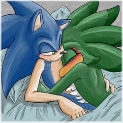 anthro bed blush carriepika closed_eyes cuddling cute fur furry gay hawk hedgehog hugging in_bed interspecies jet_the_hawk laying_down male male_only multiple_males nude sonic_(series) sonic_riders sonic_the_hedgehog square_crossover straight_hair tagme yaoi