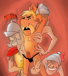 4boys asterix asterix_and_obelix blonde_hair closed_eyes erection facial_hair grin human male male_only moustache nearly_nude penis rape rape_face roman roman_helmet tagme thong tied_hands topless underwear yaoi