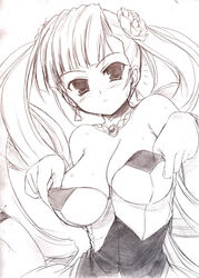 1girls arcana_heart arcana_heart_2 areola_slip areolae asaga_aoi bare_shoulders blush breasts cleavage dress dress_pull drill_hair earrings embarrassed female flower frown hair_flower hair_ornament jewelry large_breasts long_hair monochrome necklace no_bra pendant petra_johanna_lagerkvist rose see-through simple_background sketch solo surprised sweat twin_drills undressing very_long_hair