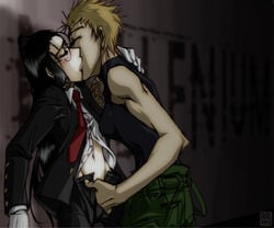 belly black_hair blonde_hair blush female fingering freckles glasses gloves hand_in_pants hellsing hellsing_ultimate kissing long_hair multiple_girls navel rip_van_winkle short_hair vampire yuri zorin_blitz