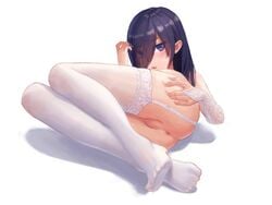 1boy adjusting_hair anus ass black_hair blue_eyes blush crossdressing eyebrows_visible_through_hair eyes_visible_through_hair feet femboy garter_straps kafkasea lingerie lying male_focus original parted_lips skindentation solo testicles thighhighs trap uncensored underwear