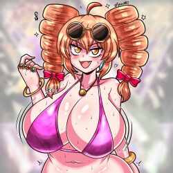 big_breasts bikini bikini_top bracelet breasts cute_fang drill_hair earring female female_only gold_jewelry hair_ribbon large_breasts navel necklace orange_eyes orange_hair pale-skinned_female pale_skin rings seireiart sunglasses sunglasses_on_head sweat sweaty sweaty_body swimsuit touhou yorigami_jo'on