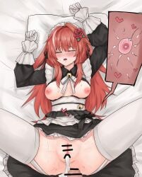 1girls after_sex after_vaginal apron areolae bed bell_collar blush breasts censored clitoris closed_eyes cross_section cum cum_in_pussy dress female flower flower_in_hair frills gloves heart impregnation light-skinned_female light_skin long_hair lying maid_headdress maid_uniform medium_breasts mizu_(93592749) nipples on_back on_bed ovum penis pillow pov pussy red_hair solo_focus sperm_cell spread_legs sweat thighhighs