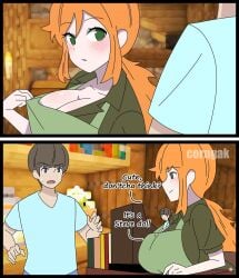 1boy 1girls alex_(minecraft) apron big_breasts blush clothing corngak dialogue edit ginger ginger_hair green_eyes medium_hair minecraft orange_hair redhead reference short_hair steve_(minecraft)