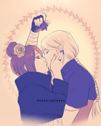 2girls akatsuki_(naruto) blonde_hair blue_hair breasts christmas cloak eyeshadow female female_only flower gloves hair_bun hair_flower hair_ornament highres holding holding_mistletoe jewelry kankuroplease kissing konan long_hair long_sleeves makeup mistletoe multiple_girls nail_polish naruto naruto_(series) naruto_shippuden nii_yugito ring shirt shirt_lift short_hair sideboob upper_body yuri