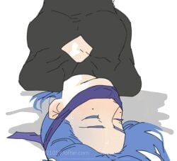 1girls blue_hair bondage captured closed_eyes female female_focus female_only knocked_out mouth_hold only_female passed_out scissor_seven sleeping small_breasts sweat thirteen_(scissor_seven) unconscious