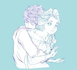 1boy 1girls blue_background braid closed_eyes clothing crossover crossover_pairing disney disney_princess dreamworks elsa elsa_(frozen) female frozen_(film) hugging hugging_from_behind jack_frost jack_frost_(rise_of_the_guardians) male male/female monochrome paramount_pictures rise_of_the_guardians straight surprised surprised_expression wholesome