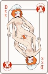 2girls areolae batman_(series) batman_beyond:_return_of_the_joker bob_cut breasts card clown_makeup dc dc_comics dcau dee_dees deidre_dennis delia_dennis female female_only hair hat incest multiple_girls nipples nude orange_hair penetration playing_card playing_card_theme pussy relatedguy sex_toy short_orange_hair siblings sister sisters transparent_background twincest twins vaginal_penetration yuri