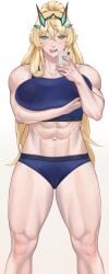 1girls abs barghest_(gawain)_(fate) big_breasts biting_tongue blonde_hair breasts cameltoe eyebrows_visible_through_hair fate/grand_order fate_(series) green_eyes hair_between_eyes hair_ornament ian(yu) lifting_breasts muscles muscular muscular_female muscular_legs navel painted_nails phone ponytail solo sports_bra sportswear standing sweat sweat_stain sweaty sweaty_clothes taking_picture tongue wet_clothes