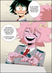 1boy 1girls comic embarrassed english_text female horns izuku_midoriya male mina_ashido my_hero_academia page_2 pink_hair pink_skin school_uniform sex_gesture suggestive_gesture text thehumancopier u.a._school_uniform