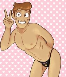 abs brett_hand inside_job looking_at_viewer male male_only masculine netflix no_visible_genitalia peace_sign smiling solo speedo tagme tagme_(artist)