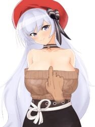 1boy 1boy1girl 1girls alternate_costume animated areolae azur_lane belfast_(azur_lane) belfast_(shopping_with_the_head_maid)_(azur_lane) blush bouncing_breasts bow breast_focus breasts breasts_out choker clothed collar female female_focus gif grey_eyes hat heart heart-shaped_pupils licking_lips long_hair nipples pulled_by_another ribbon shirt shirt_down shirt_pull simple_background skirt solo_focus ushimittsu white_hair