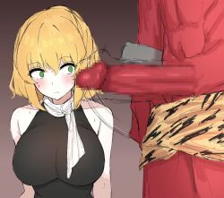 big_breasts kumiyabe mizuhashi_parsee motion_lines muscular_male oni red_skin revealing_penis scarf showing_penis stare sweat touhou worried