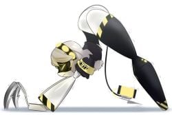 1girls 1robot_girl 2d ass_focus ass_up black_stockings female female_only glitch_productions humanoid knife lawgx murder_drones no_panties robot robot_girl robot_humanoid screen_face sharp_tail solo stockings stretching tail v_(murder_drones) white_background white_hair yellow_eyes yellow_lights