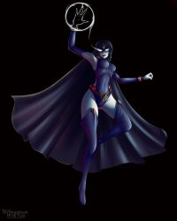 1girls black_background cloak dc dc_comics erect_nipples female female_only grazhdanin_apatiy grey_skin hood magic purple_eyes purple_hair raven_(dc) solo superheroine teen_titans tight_suit