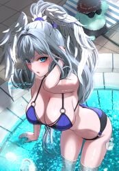 1girls absurd_res alternate_costume ass bikini blue_eyes blush breasts busty cleavage curvy female female_only head_wings highres hourglass_figure large_ass large_breasts long_hair looking_at_viewer melia_antiqua mercury_xeno monolith_soft nintendo nopon partially_submerged ponytail pool purple_bikini purple_swimsuit riku_(xenoblade) silver_hair slim_waist swimsuit thick_ass thick_thighs very_long_hair voluptuous water wet wide_hips wings xenoblade_(series) xenoblade_chronicles xenoblade_chronicles_3