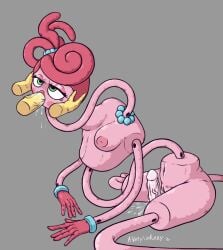 averyunfunny big_breasts blowjob bodily_fluids crossed_eyes cum dildo drooling green_eyes holding_head mommy_long_legs pink_body pink_hair pink_skin poppy_playtime protagonist_(poppy_playtime) sitting squirting straight stretchy_body yellow_skin